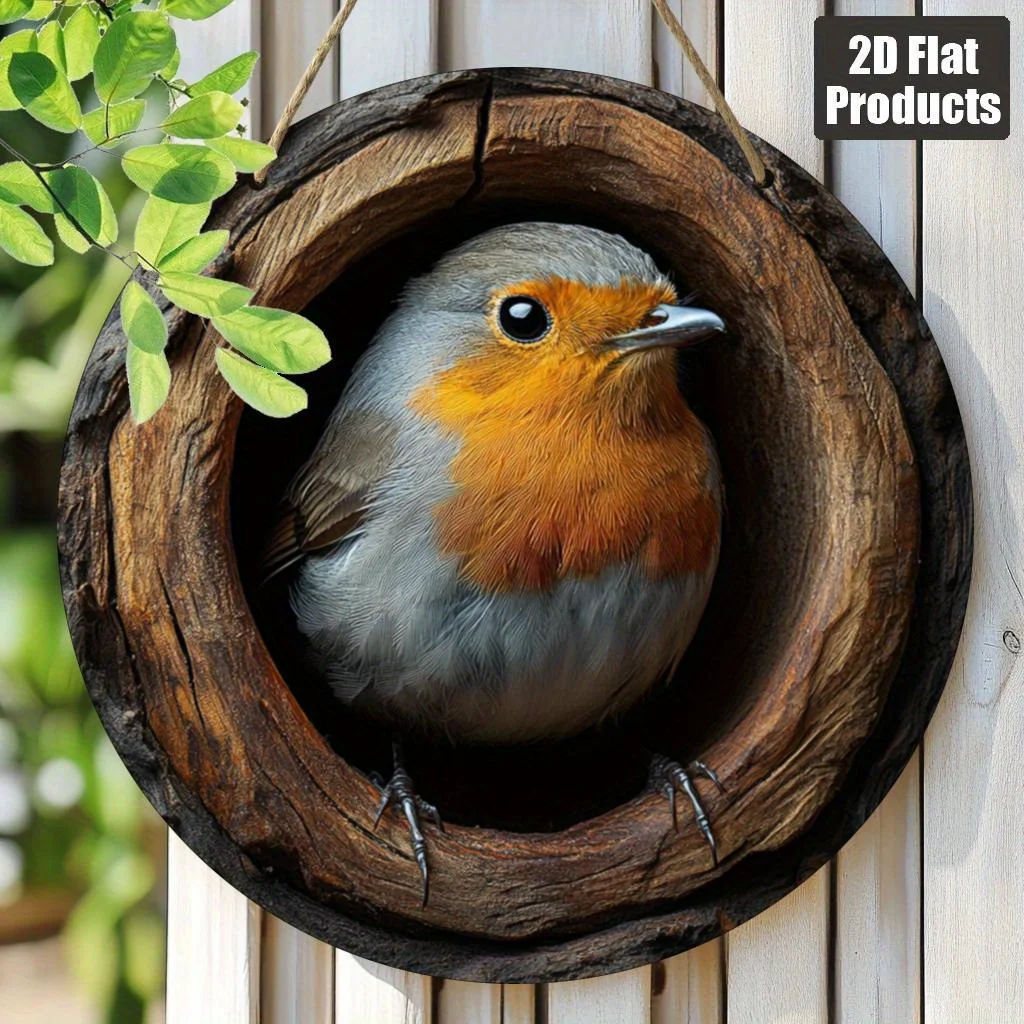 2D Flat - [2D Flat] 2D Printed on a Flat Surface, a Round Wooden Decorative Sign (8*8In/20*20Cm) Featuring a Beautiful Robin The