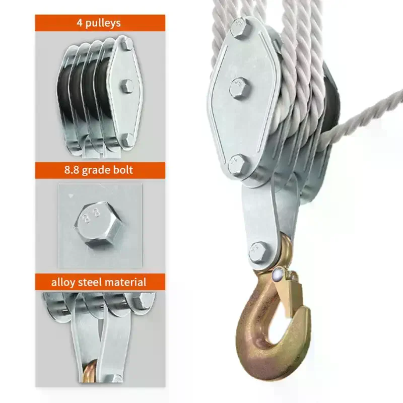 Durable Manual Lifting Device with Zinc Alloy Hook - 270° Rotatable, Heavy Duty Polyethylene Rope