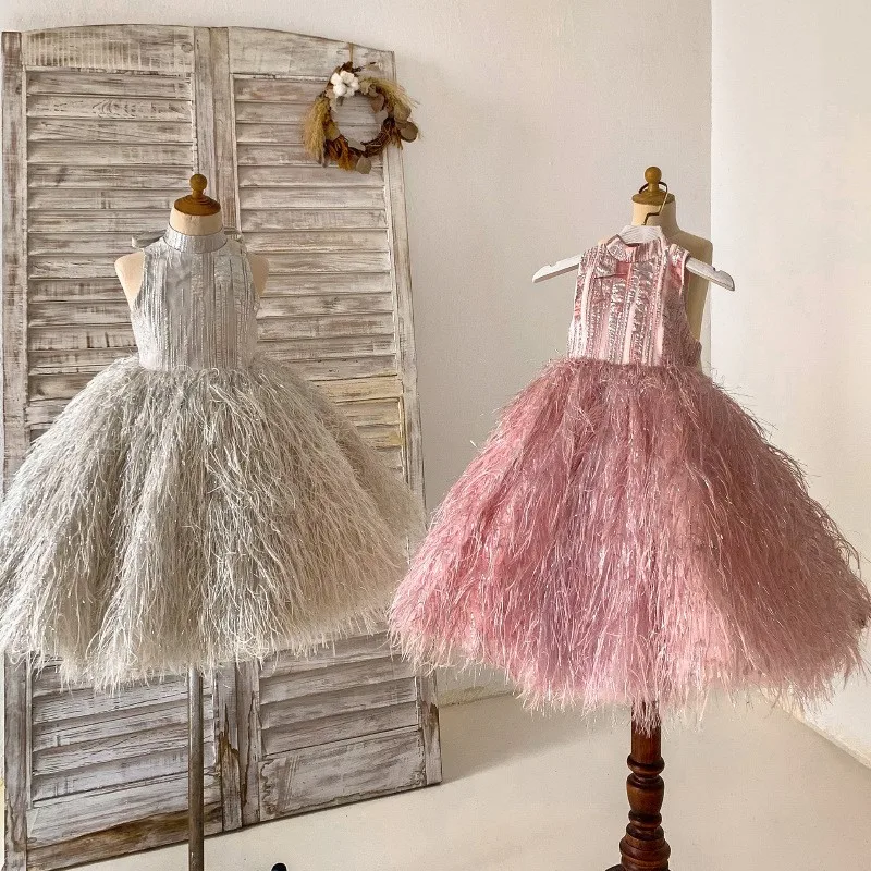 Fashion Baby Girl Princess Feather Sleeveless Dress Infant Toddler Child Vintage Vestido Party Pageant Birthday Ball Gown 1-12Y