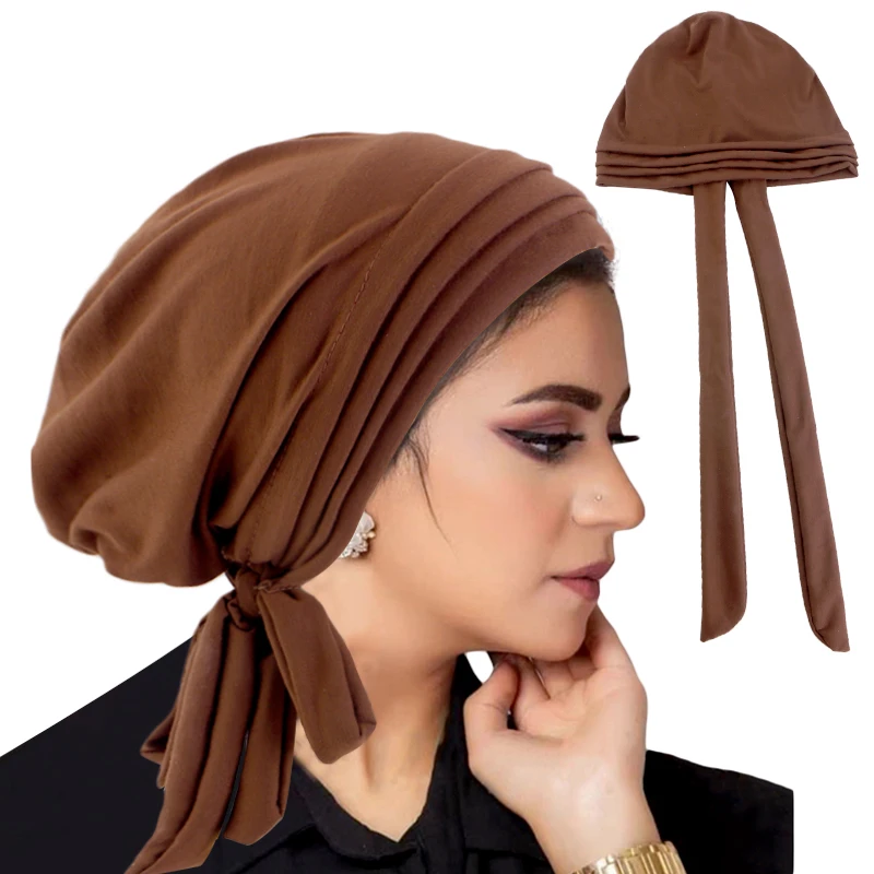 New Women Solid Color Pleated Long Tail Turban Hat Cotton Pre-tied Back Ramadan Chemo Hat Elegant Elastic Breathable Head Cap