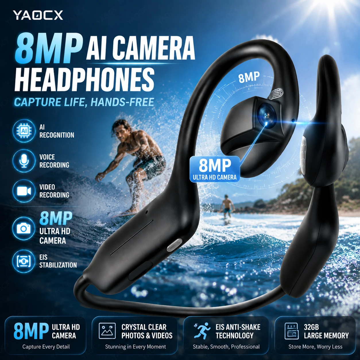 オープンイヤーaiカメラ-ワイヤレスbluetoothヘッドフォン-800wピクセルeis安定化-1080pビデオai認識翻訳-スポーツイヤホン