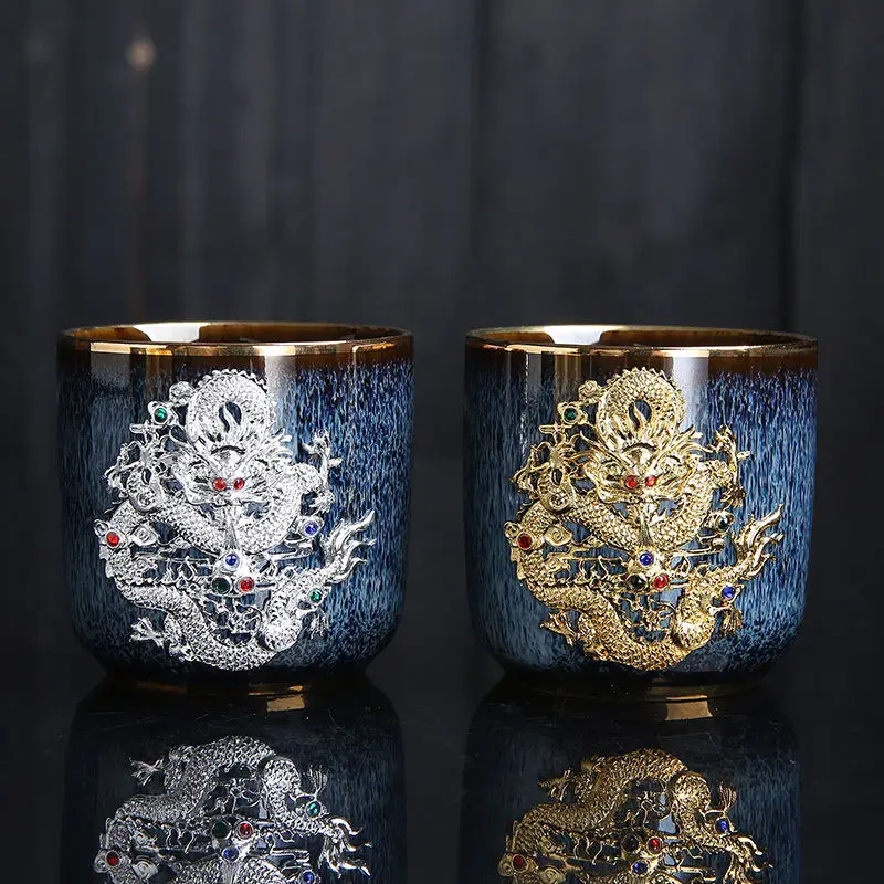 

Gold Inlaid Tea Cup Jianzhan Outline In Gold Teacup Ceramic Chinese Kung Fu Tea Set Gilt Gold Gilt Silver Dragon Tea Bowl