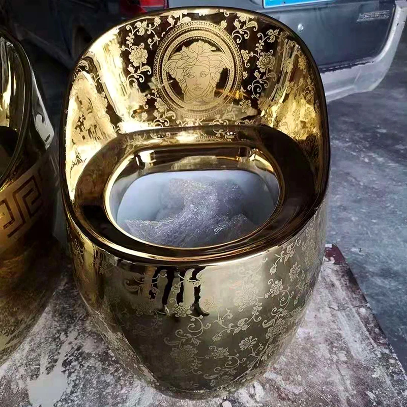 

Европейская роскошная круглая сантехника безрезервуарная золотая керамика сифонная цельная напольная унитаза для ванной комнаты
