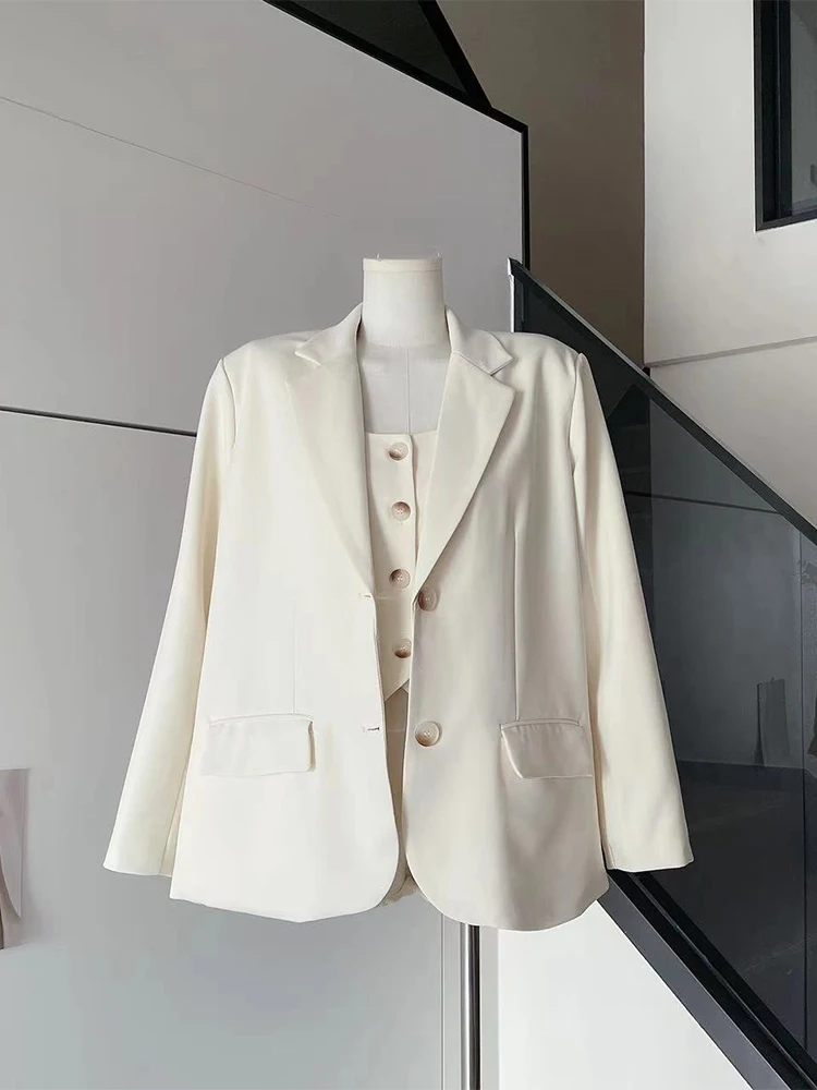 Women White Blazer Two-piece Set Elegant Vintage 90s Fashion Office Ladies Coat Y2k Suit Jacket Long Sleeve Outwear Clothes 2024