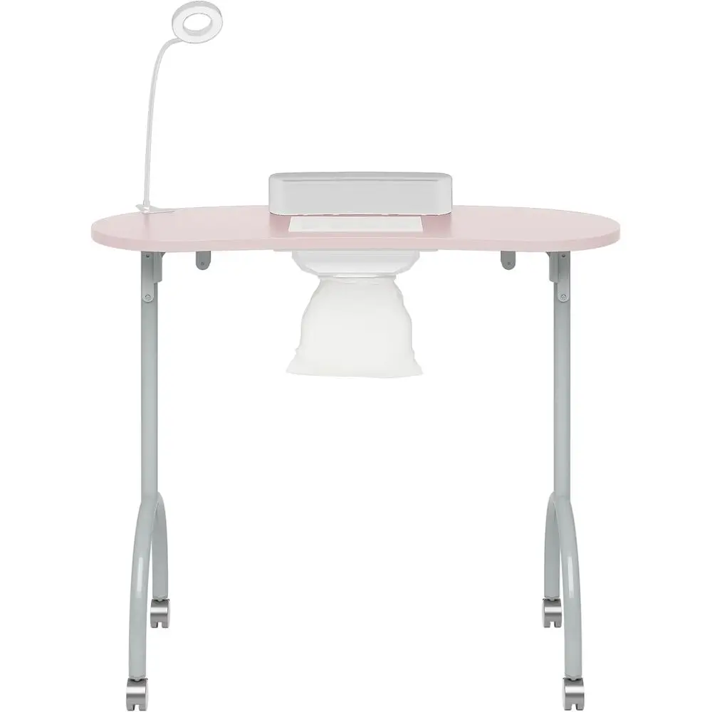 Portable & Foldable Manicure Table with Dust Collector, LED Light, 4 Wheels, Carry Bag, and Wrist Rest - Pink