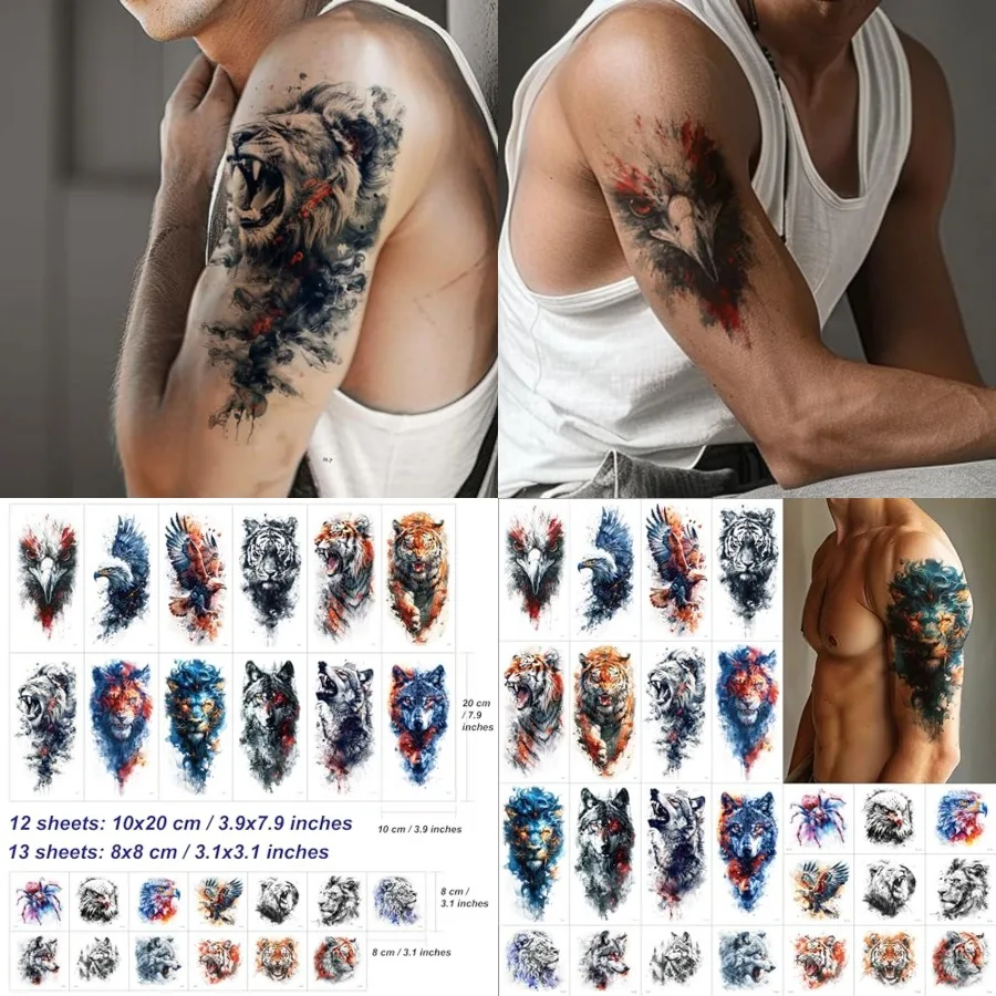 

25 Sheets Tough Beast Temporary Tattoo Stickers, 12 Sheets Large Arm Watercolor Animals Fake Tattoos, 13 Pcs Small Animals Tattoo Stickers For Men and Women