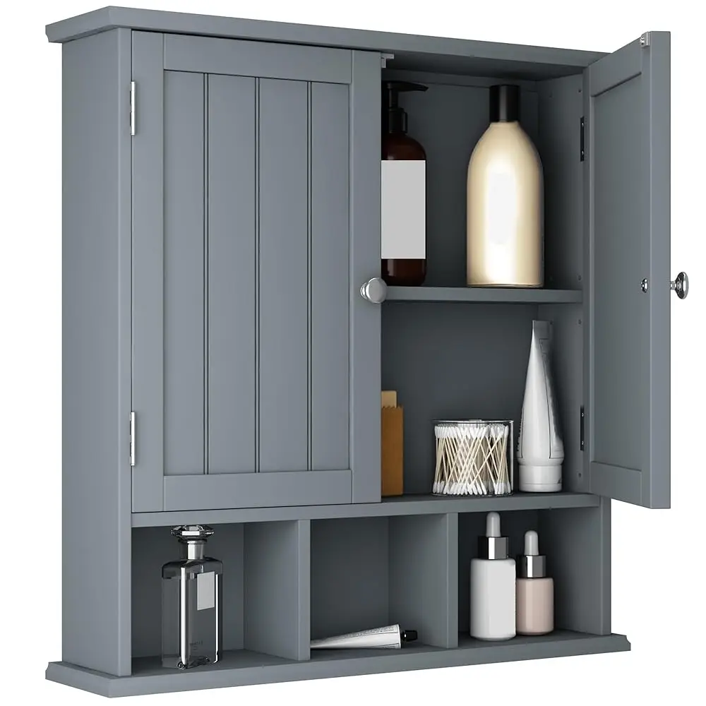 

Bathroom Cabinet Wall Mounted 2-Door With 3 Open Shelves, Wooden Medicine Cabinets With Adjustable Shelf, Space Saver Storage