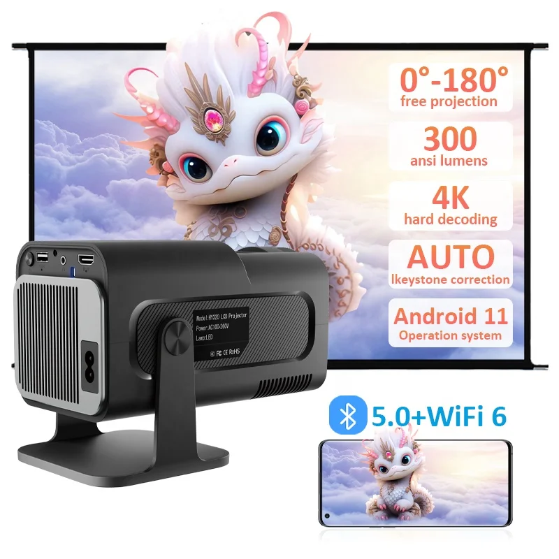 New Design 1080P Projector 4K hy320 Dual WiFi6 Android11 Allwinner H713 BT5.0 Outdoor Indoor Portable Projectors Full HD