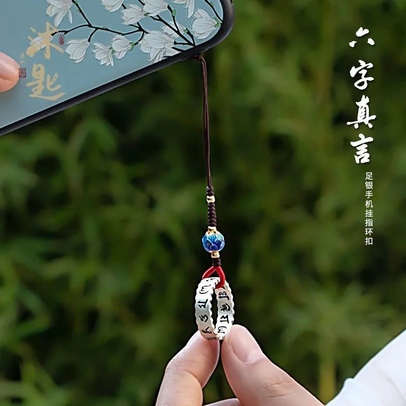 Pure Silver Six-Syllable Mantra Pendant Short Lanyard Phone Ring Holder Keychain Chinese Style Spiritual Protective Unisex Gift