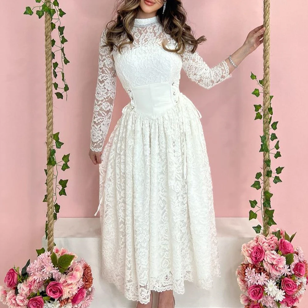 Elegant Party Dresses Woman Tea Length Pleats Lace Straight High Neckline Long Sleeves Appliques Dresses For Formal Occasions