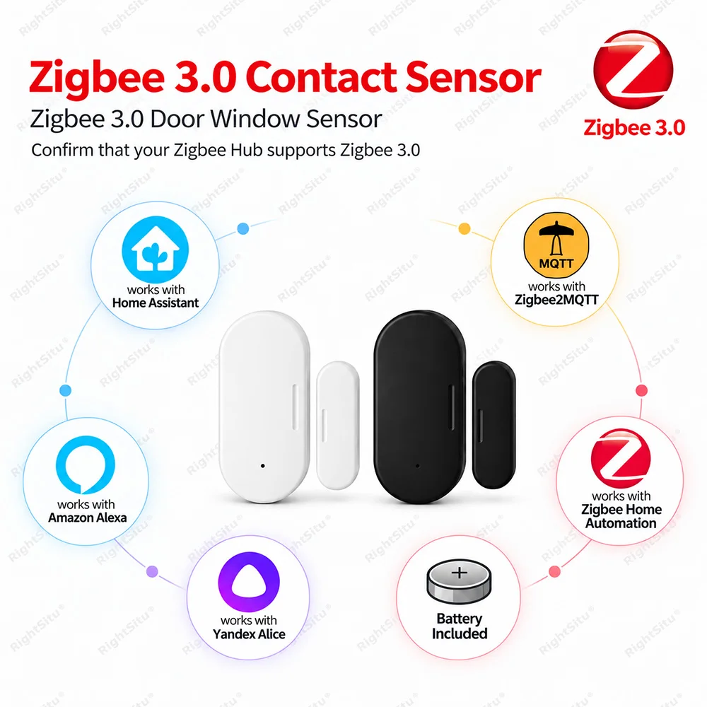 Zigbee 3.0 Door Window Sensor Magnetic Contact Sensor Zigbee Hub Required Works with Home Assistant ZHA Zigbee2MQTT Alexa Yandex