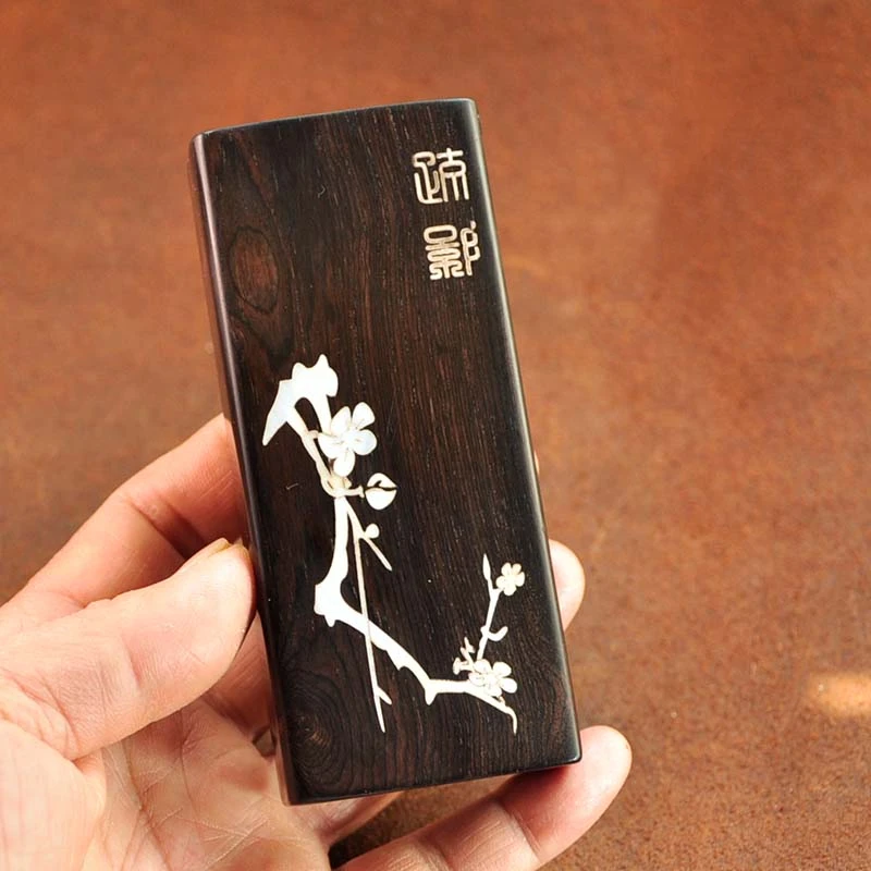 Handmade Portable Thin Ebony Cigarette Case with Zodiac Ox Snake Rat Taiji Lotus Peace Patterns Smoke Storage Box