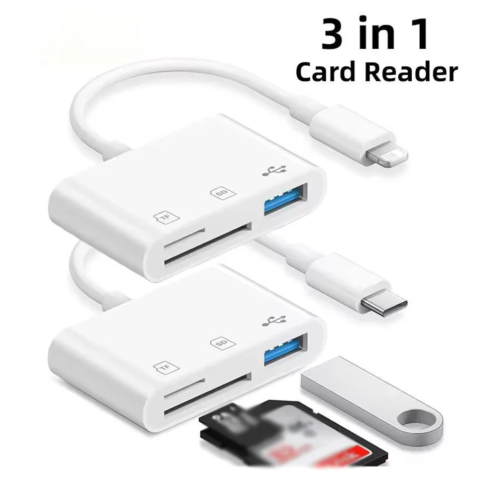 3-IN-1 TypeC/Lightning To SD/TF Card Reader OTG USB Port Adapter Camera Phone Adapter Memory Card Data Transfer For IOS Android