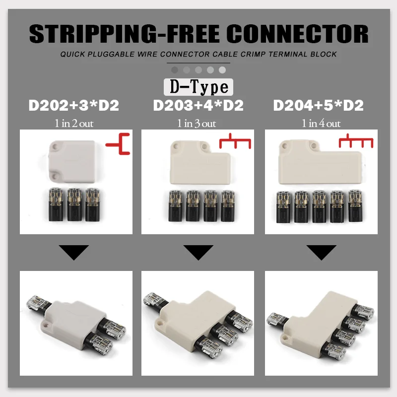 1Pcs 1 To 2/3/4 D202/203/204 Wire Splitter Connector Set Quick Pluggable Splice LED Strip Wire Connector Crimp Terminal 22-18AWG