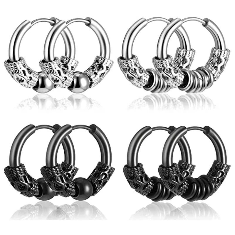 2PC Punk Men's Stainless Steel Hoop Earrings For Women Hip Hop Totem Earring For Men Earrings Gothic Ear Stud Jewelry Party Gift