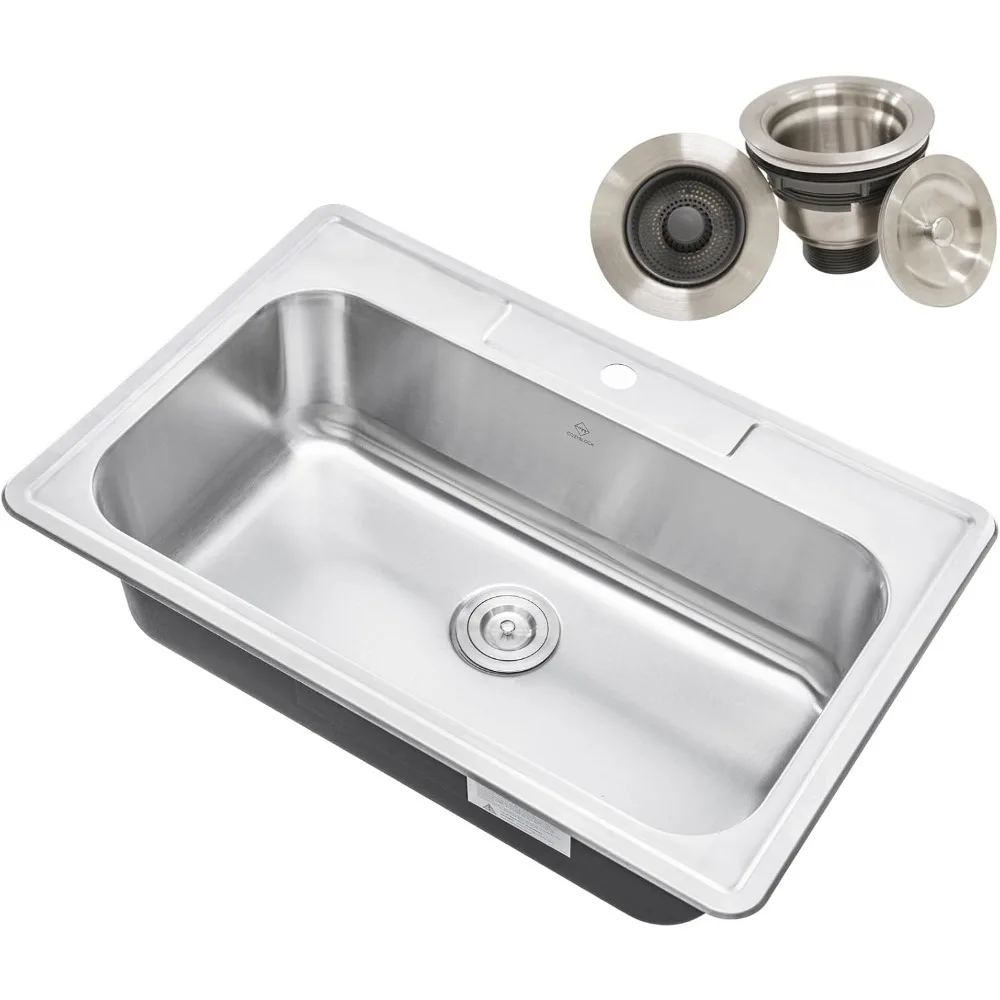 

Stainless Steel 33x22x9 Inch Single Bowl Kitchen Sink with Strainer, 18 Gauge, Top-mount/Drop-in Design