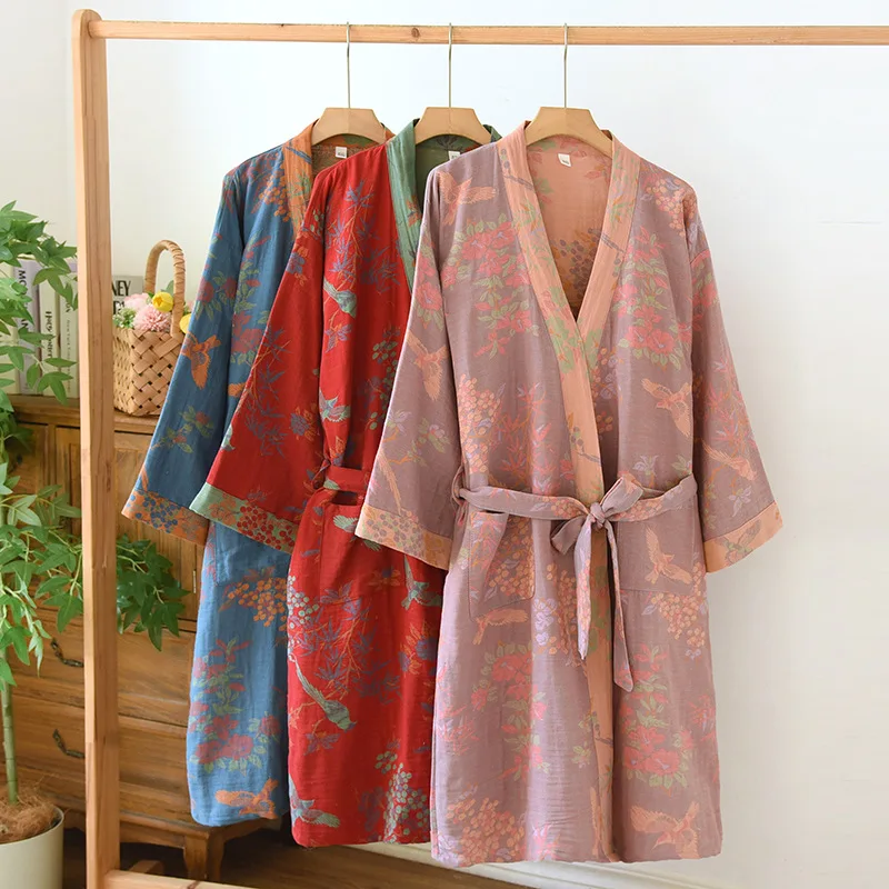Spring Jacquard High Quality Color Woven Cotton Double Layer Gauze Sleeping Robes for Women Medium Length Yukata Bathrobe 2 Spring Jacquard High Quality Color Woven Cotton Double Layer Gauze Sleeping Robes for Women Medium Length Yukata Bathrobe 2
