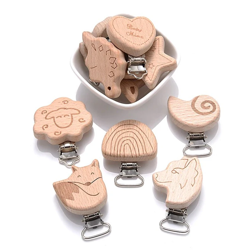 5Pcs Wooden Pacifier Clip Food Grade Natural Beech DIY Soother Accessories for Baby Teething Pacifier Chain Dummy Holder Clip