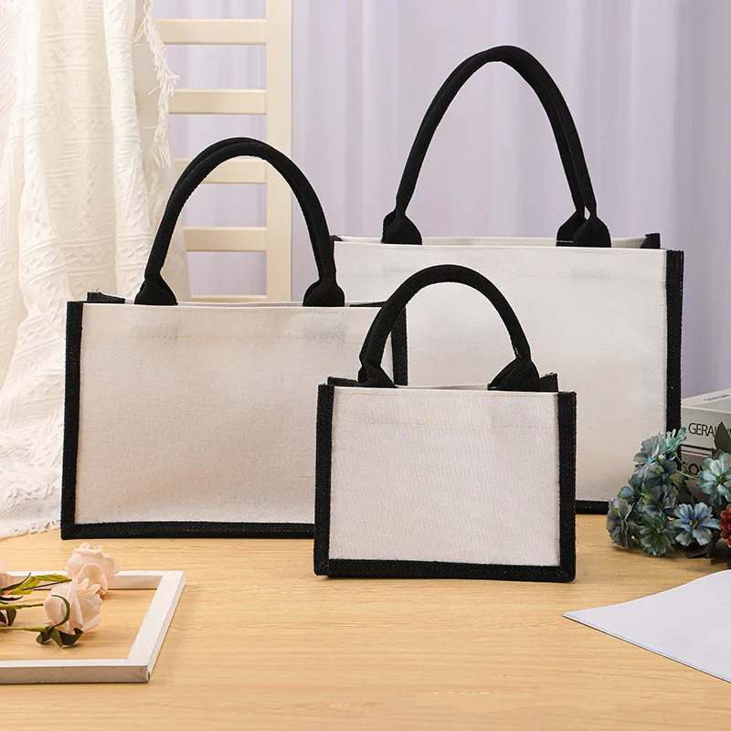 Black/White Women Girl DIY Blank Grocery Handbag Large Capacity  Foldable Travel Storage Organizer Jute Burlap Tote Bags