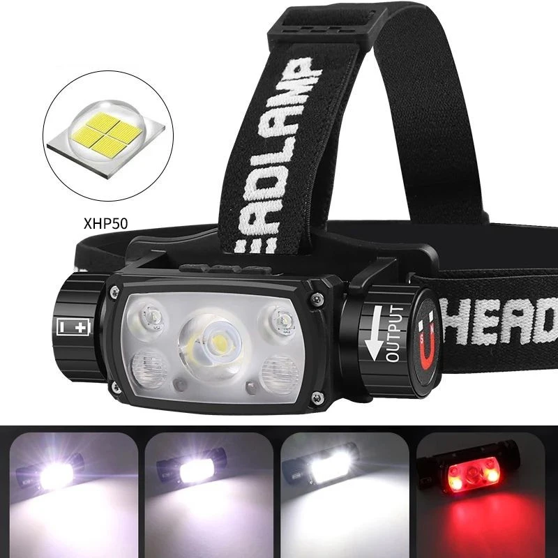 Linterna frontal con Sensor Led C2 para acampada, linterna frontal con batería de 18650 o 21700, recargable e impermeable, para pesca, correr y senderismo