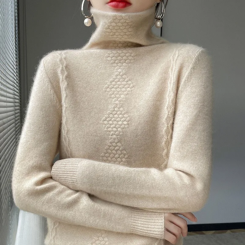 

100% Wool Womens Sweaters Winter Twist Knitted Jumper Pullover Top Knitwear High-collar Sweater Female 2024