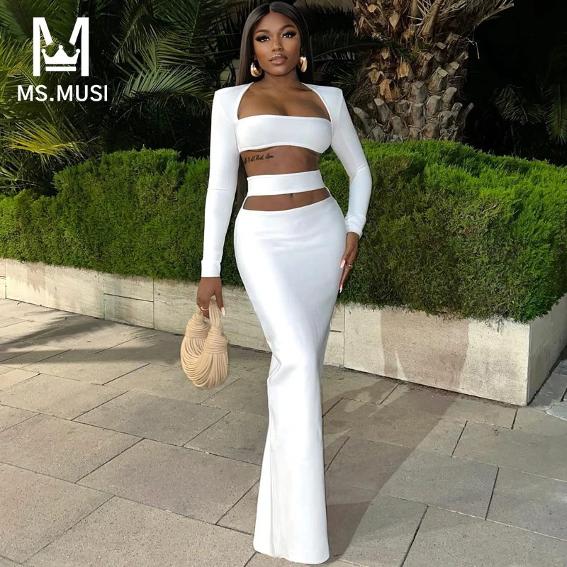 MSMUSI 2024 New Fashion Women Sexy Hollow Out Long Sleeve Bandage Two Piece Set Bodycon Party Club Short Top And Slit Skirt Set