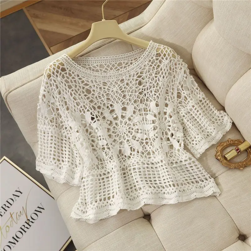 Female Long Sleeved Hook Flower Hollowed Out Ladies Knitted Sweater with Design Sense Tassel Loose Elegant Casual Smock Top Q219