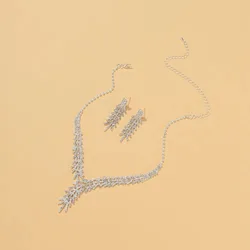 Silver Rhinestone Crystal Bridal Jewelry Set Feather Shape Necklace & Earrings Romantic Wedding Accessory Fashion Gift