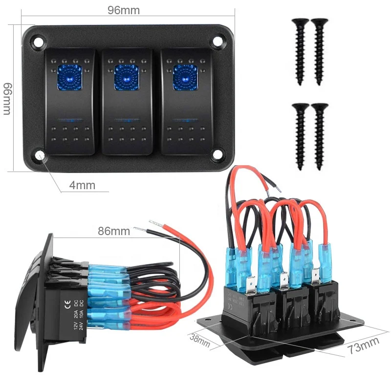 3-Gang Rocker Switch Panel 5-Pin On Off Toggle Switch Aluminum Holder 12V 24V Dash Pre-Wired Red Backlit Switches