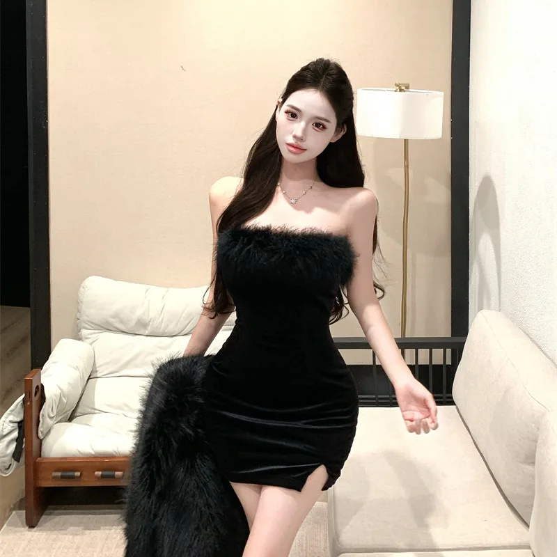 Ele Sexy Slim Fit Straußenfeder Samt Schlauch Dr. Bla Dr Hohe Taille Svel Herbst Neue Sle Damen Dr