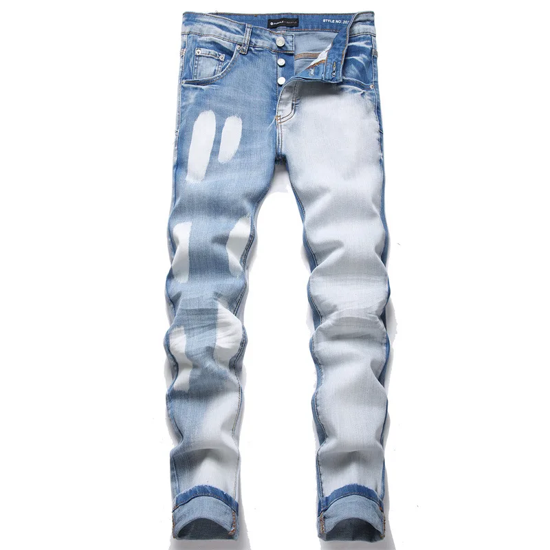 

Men Punk Patchwork Jeans Mens Casual Jeans Slim Fit Trousers Blue Ground White Streetwear Denim Pant pantalones hombre