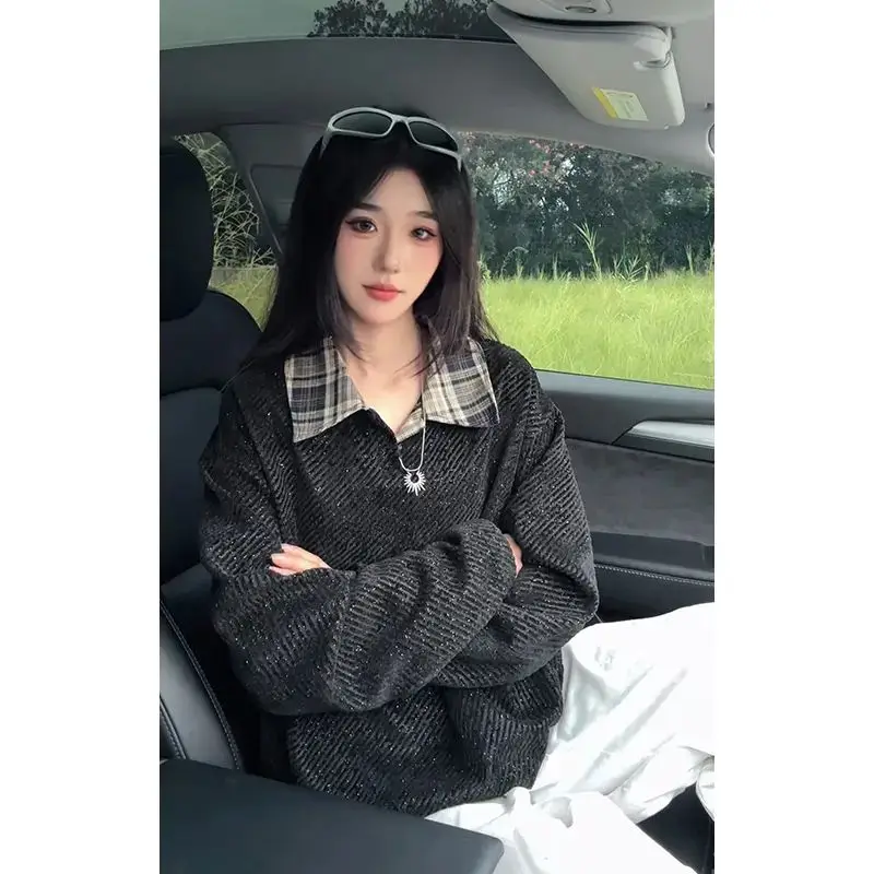 

American Plaid Color Blo Knitted Long Sve irt Collar Sweatirt Men Autumn American Diagonal Stripe Fake Two-Piece Bas...