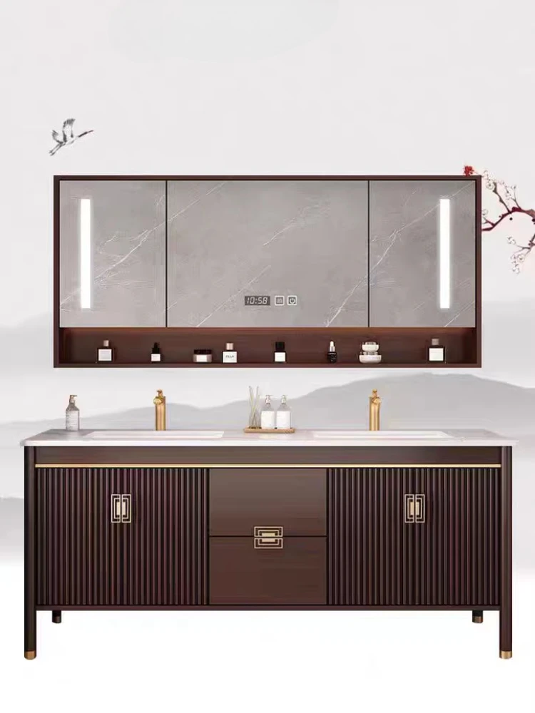

New Chinese oak double basin bathroom cabinet combination face basin solid wood rock slab seamless basin bathroom