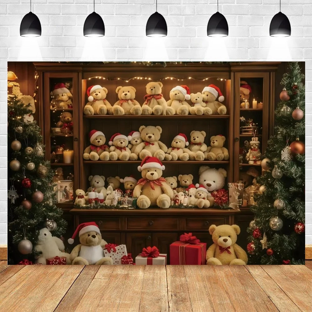 คริสต์มาสการถ่ายภาพพื้นหลังน่ารักของเล่นหมีตู้ของขวัญไม้ในร่ม House Xmas Shop เด็ก Portrait Photocall ฉากหลังตกแต่ง