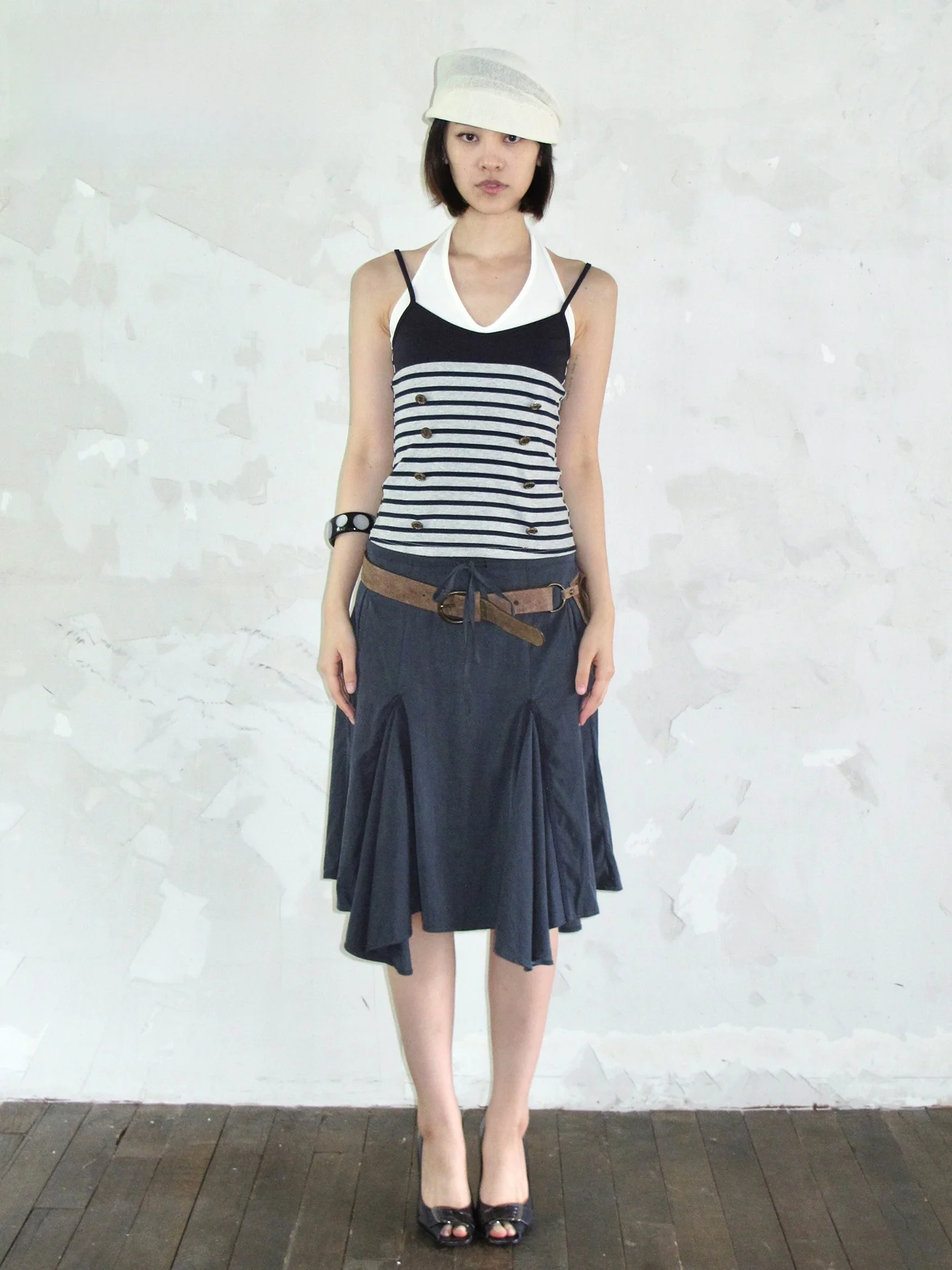 

Женский облегающий топ-жилет High River 25SS в винтажном стиле, с эффектом двухслойности, темно-синий, из смесового хлопка и полиэстера