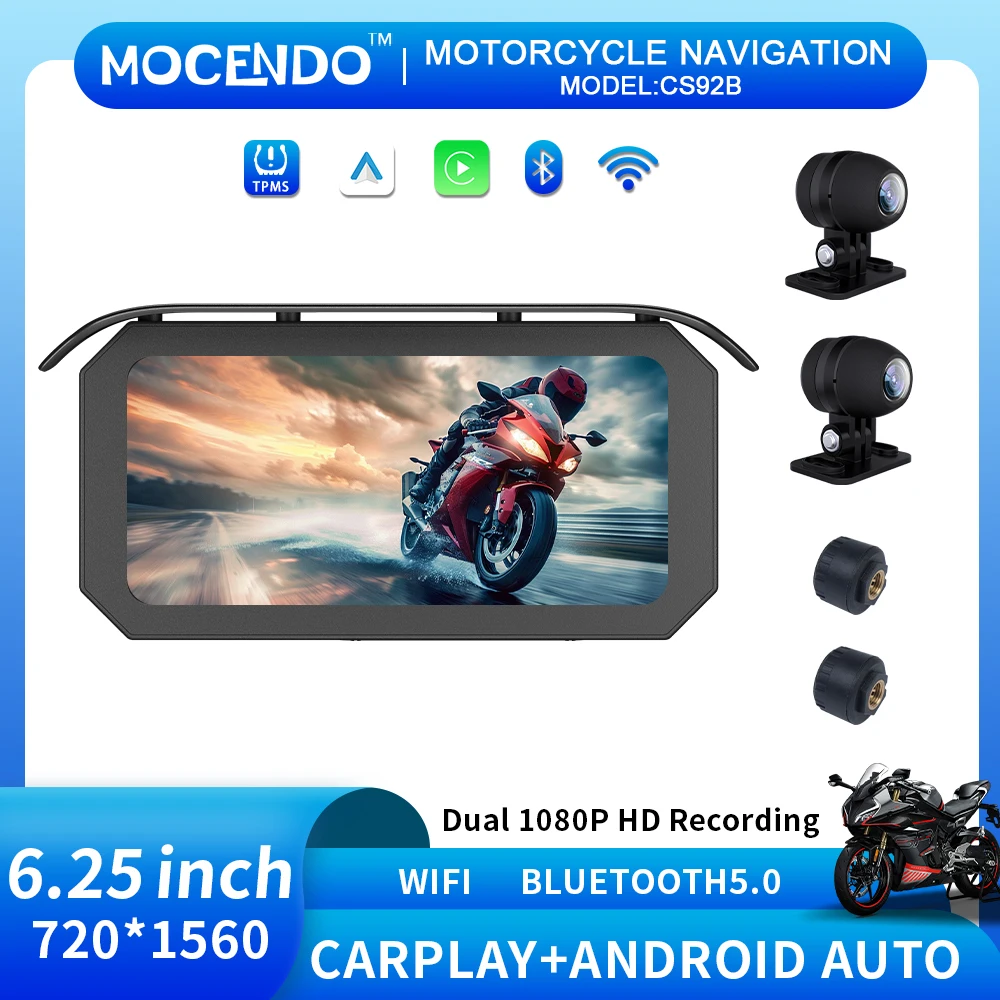 

6,25-дюймовый мотоциклетный GPS-навигатор CarPlay с сенсорным монитором и TPMS DVR Водонепроницаемый беспроводной CarPlay Android Auto CS92B