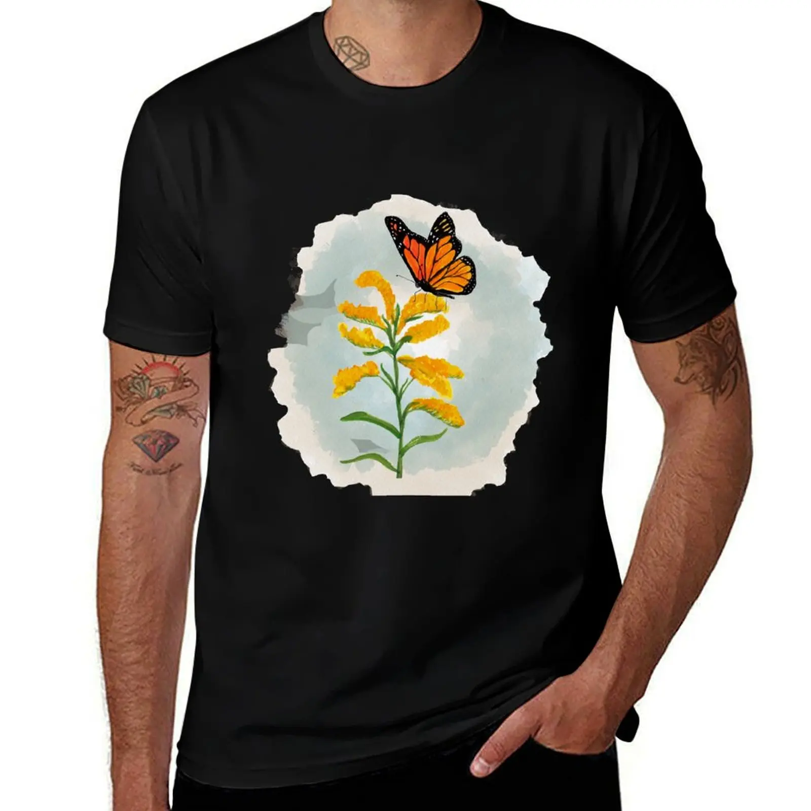 

Monarchs and goldenrod - Teal T-Shirt Large Size Casual Tee Shirt