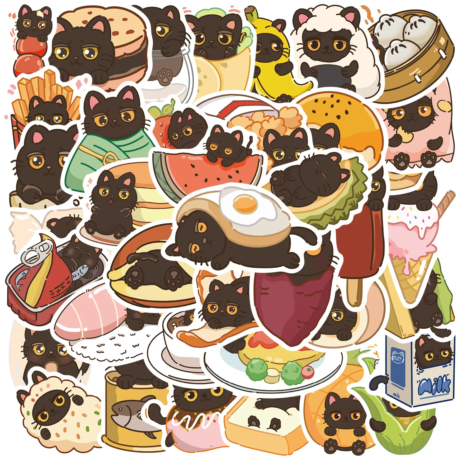 Autocollant chat noir dessin animé chaton mignon, tasse d'eau, coque de téléphone portable, valise de guitare, autocollant étanche, jouet pour enfants, cadeau, DIY bricolage, 10/50 pièces