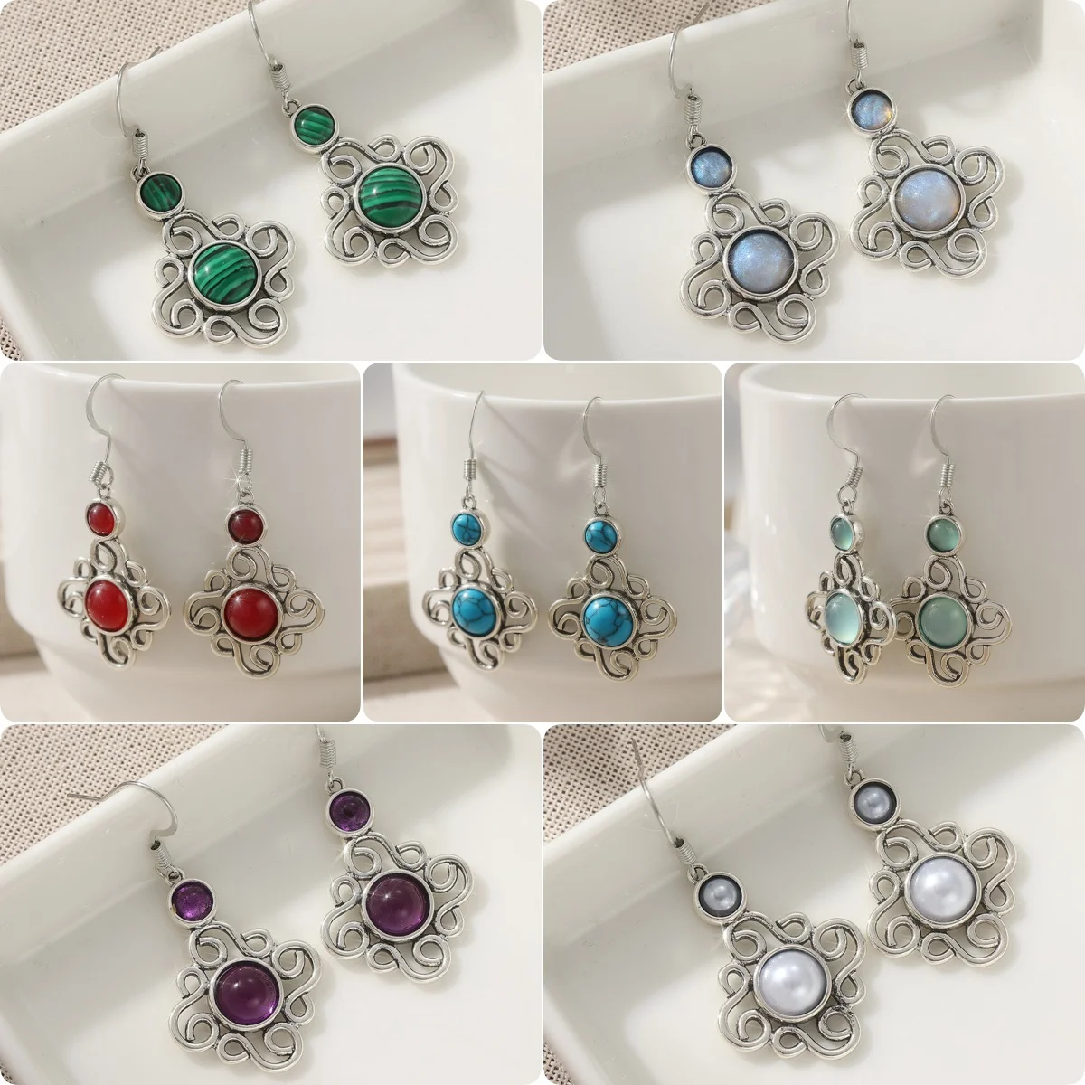 Wunderschöne exquisite türkisfarbene, versilberte Ohrhänger für Damen, Vintage, hohl, rund, Schmuck, Accessoires, Festival-Geschenke