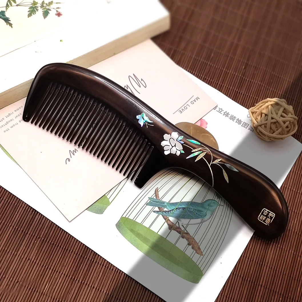 Mother of Pearl Inlay Art Hair Brush Detangling Anti Static Scalp Massage Comb Handmade Wooden Comb for Women Kids