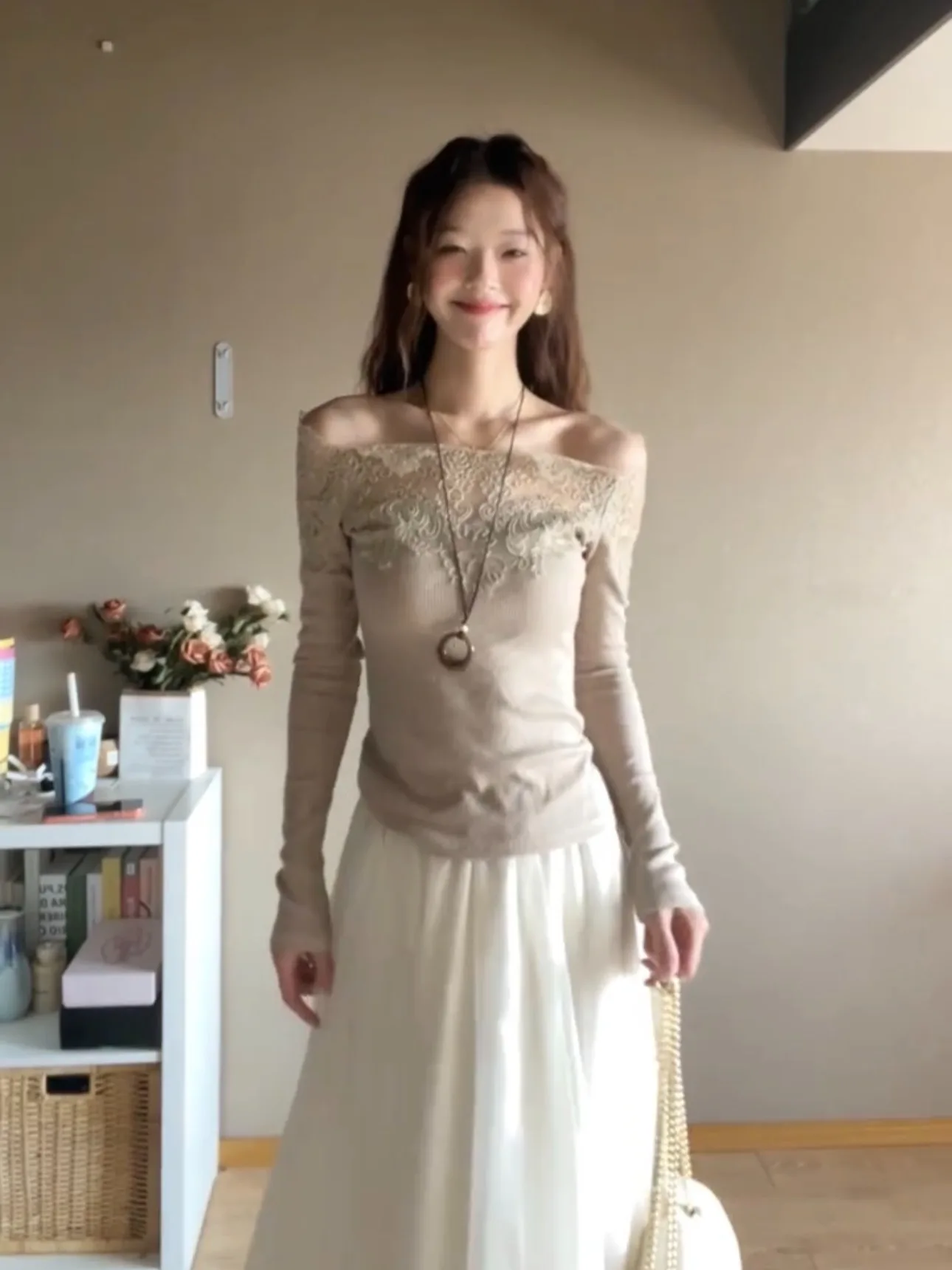 

Ele Lace Splice Long Sve One-oulder T-irt Women's Inner Wear Slimming Base irt Spring Commute Sle Cotton Polye...