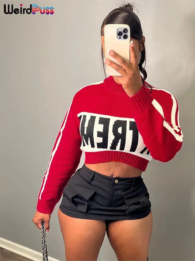 Weird Puss Autumn Trend Sweater Women Elastic Long Sleeve O-Neck Crop Tops High Quality Casual Hipster Wild Streetwear Pullover