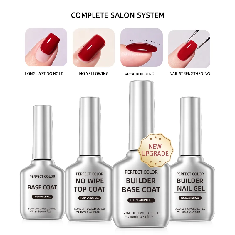 PERFECT COLOR Complete Salon System Nail Gel Kit, Builder Gel Base Top Coat Set, UV LED Cure Soak Off Nail Enhancement Manicure