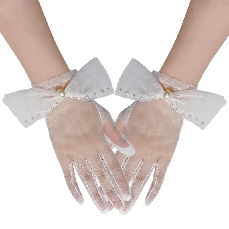 

Bridal Mesh Gloves Transparent Anti-uv Summer Party Pearl Bow Wedding Finger Party Tulle Short Lace Marriage Bride Women Gloves