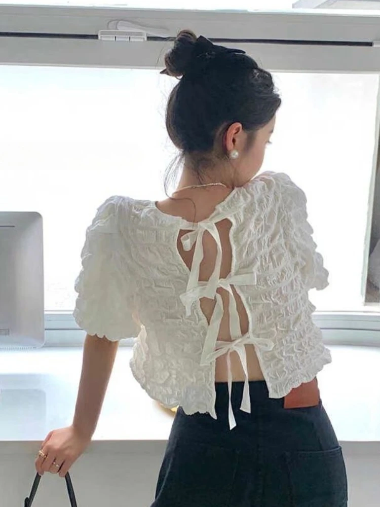 

Korobov Korean INS Summer bandage Solid Loose Short sleeve Short Women Blouse