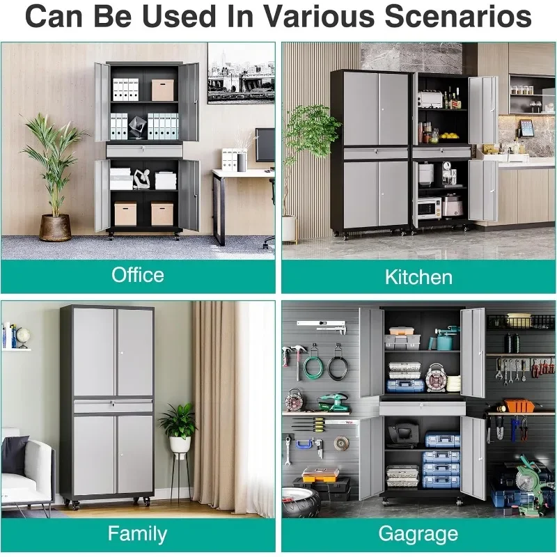 خزانة تخزين جراج معدنية جديدة مع أبواب قفل وأرفف قابلة للتعديل مع 4 عجلات ودرج واحد، وخزانة جراج متدحرجة #6