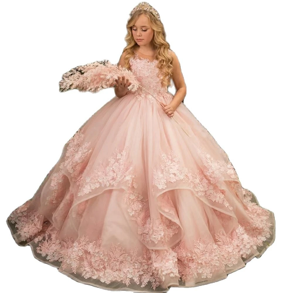 Abito da ragazza di fiore rosa per matrimonio in pizzo tulle con volant ricamato principessa comunione festa di compleanno abito da ballo spettacolo