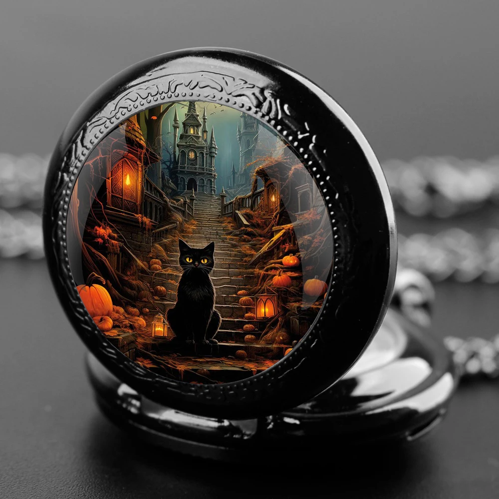 Black Cat Glass Dome Quartz Relógio de Bolso, Corrente Durável, Numeral Árabe Dial, Cosplay Halloween, Presentes Criativos para Homens e Mulheres