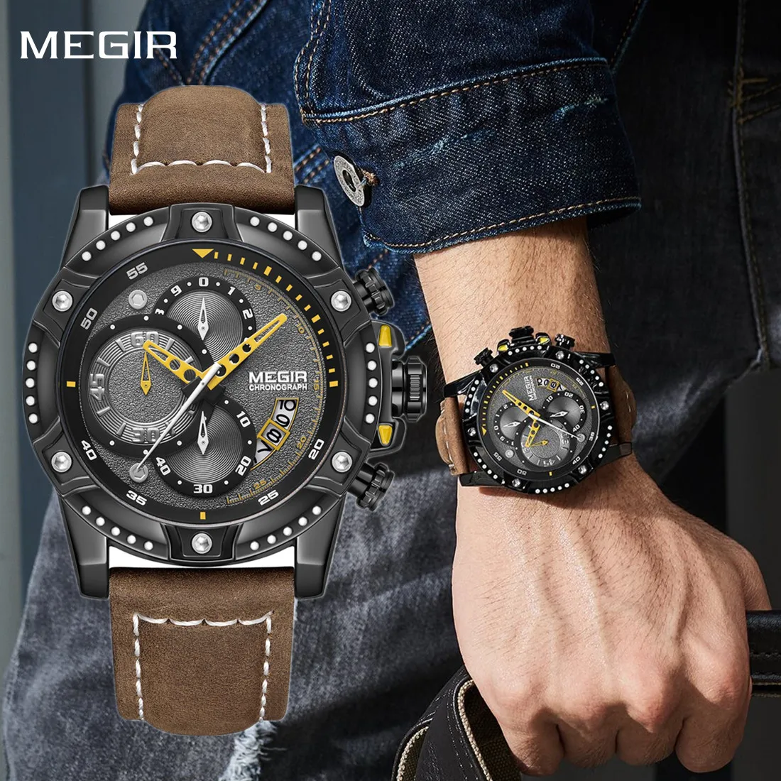 

MEGIR мужские часы Элитный бренд кварцевые наручные часы водостойкий кожаный ремешок военные спортивные часы хронограф Reloj Hombre 2130