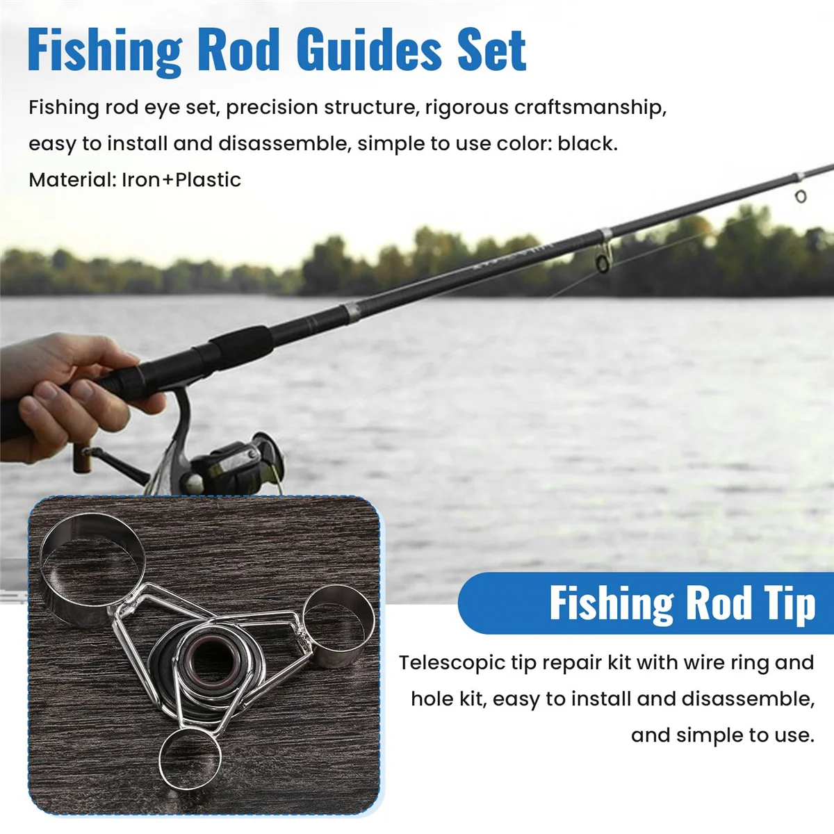 A39M 7Pcs Fishing Rod Guides Tip 7 Sizes Telescopic Tip Repair Kit Line Rings Eyes Set